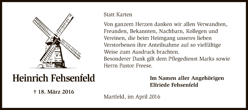  Traueranzeige für Heinrich Fehsenfeld vom 23.04.2016 aus SYK