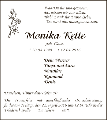 Traueranzeige von Monika Kette von SYK