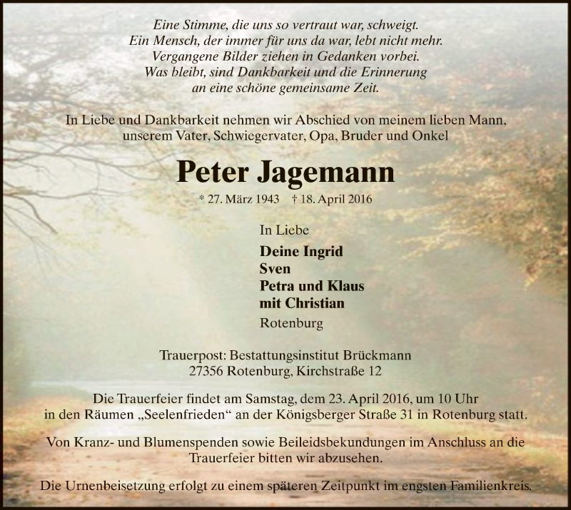  Traueranzeige für Peter Jagemann vom 20.04.2016 aus SYK