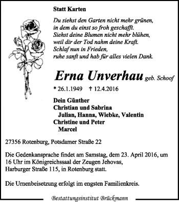 Traueranzeige von Erna Unverhau von SYK