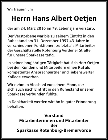 Traueranzeige von Hans Albert Oetjen von SYK
