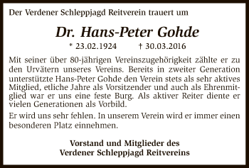 Traueranzeige von Hans-Peter Gohde von SYK