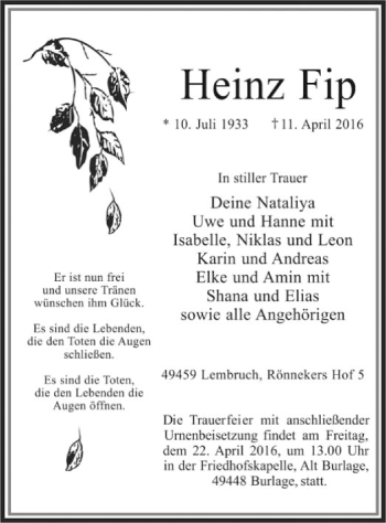 Traueranzeige von Heinz Fip von SYK