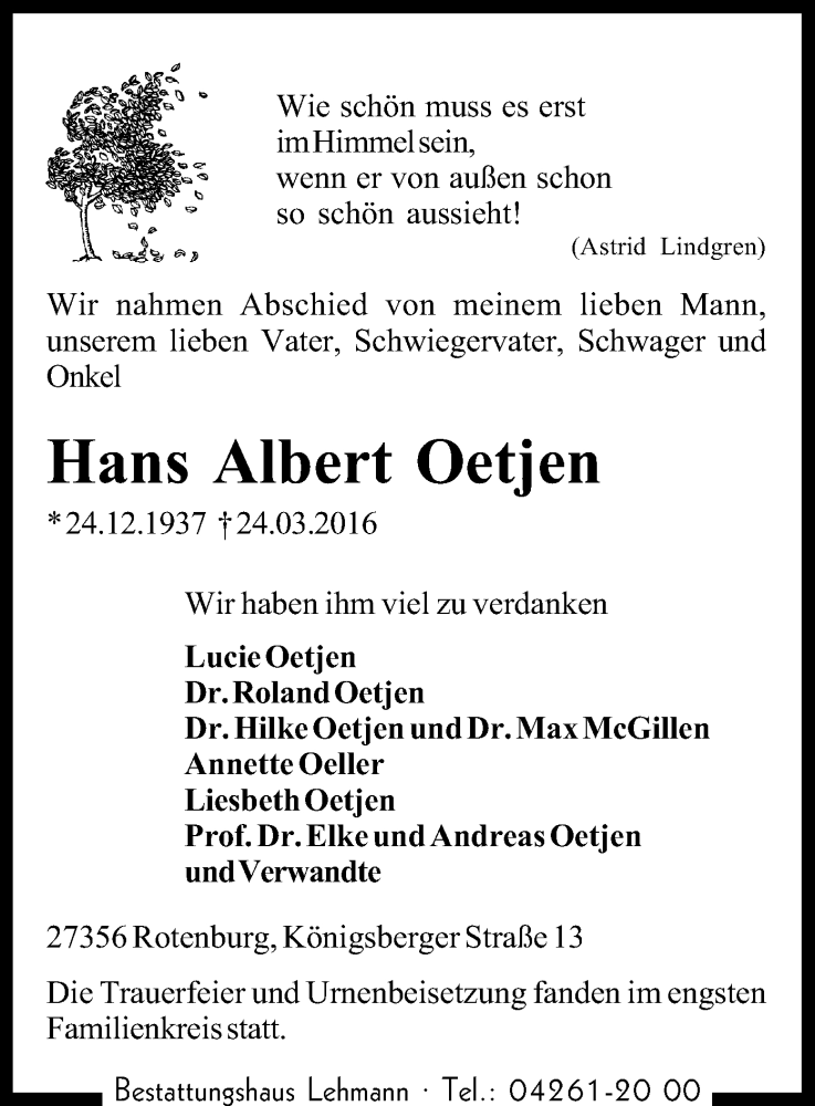  Traueranzeige für Hans Albrecht  Oetjen vom 09.04.2016 aus SYK
