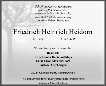 Traueranzeige von Friedrich Heinrich Heidorn von SYK