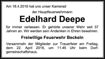 Traueranzeige von Edelhard Deepe von SYK