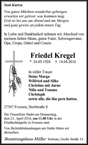 Traueranzeige von Friedel Kregel von SYK