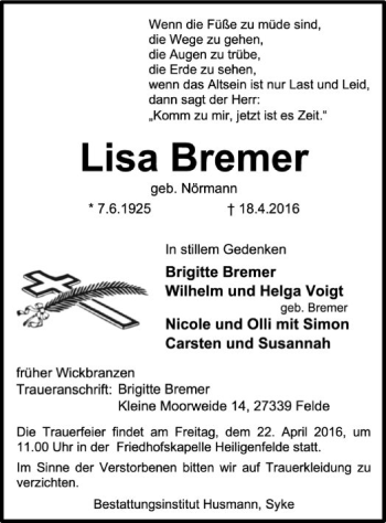 Traueranzeige von Lisa Bremer