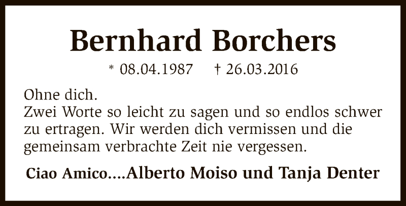  Traueranzeige für Bernhard Borchers vom 02.04.2016 aus SYK