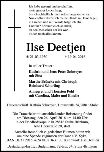 Traueranzeige von Ilse Deetjen von SYK