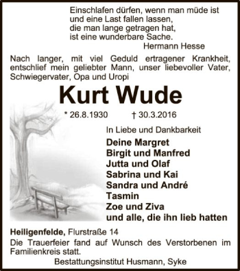 Traueranzeige von Kurt Wude