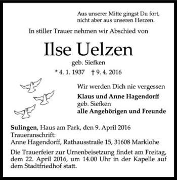 Traueranzeige von Ilse Uelzen von SYK