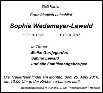 Traueranzeige von Sophie Wedemeyer-Lewald von SYK