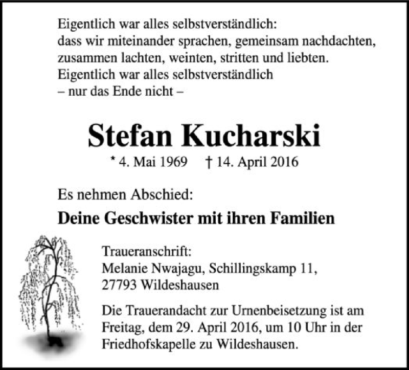  Traueranzeige für Stefan Kucharski vom 23.04.2016 aus SYK