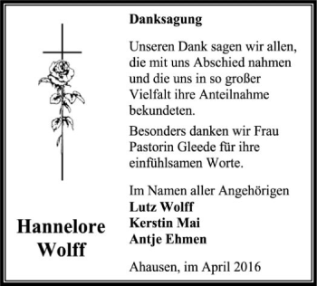 Traueranzeige von Hannelore Wolff von SYK