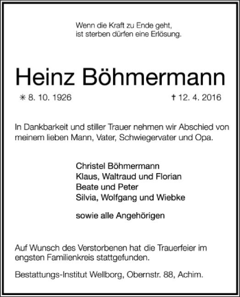 Traueranzeige von Heinz Böhmermann von SYK