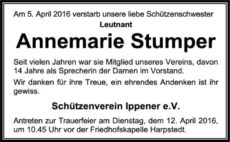  Traueranzeige für Annemarie Stumper vom 07.04.2016 aus SYK