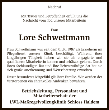 Traueranzeige von Lore Schwettmann von SYK