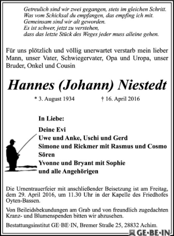 Traueranzeige von Hannes  Niestedt von SYK