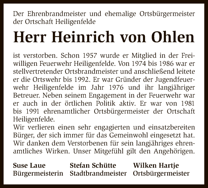  Traueranzeige für Heinrich von Ohlen vom 02.04.2016 aus SYK