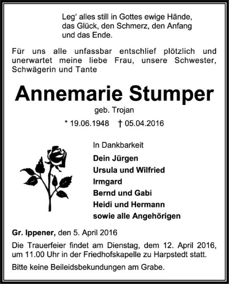  Traueranzeige für Annemarie Stumper vom 07.04.2016 aus SYK