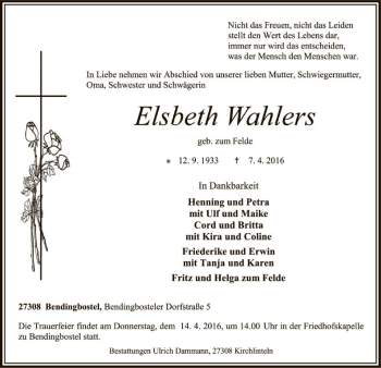 Traueranzeige von Elsbeth Wahlers von SYK