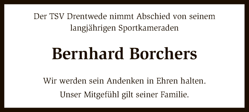  Traueranzeige für Bernhard Borchers vom 01.04.2016 aus SYK