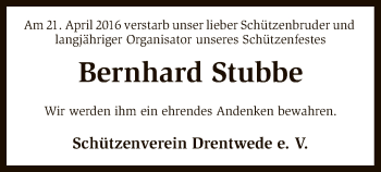 Traueranzeige von Bernhard Stubbe von SYK