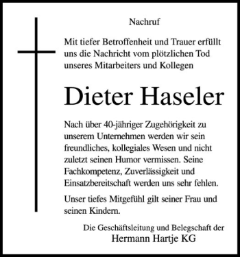 Traueranzeige von Dieter Haseler von SYK