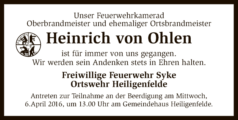  Traueranzeige für Heinrich von Ohlen vom 02.04.2016 aus SYK