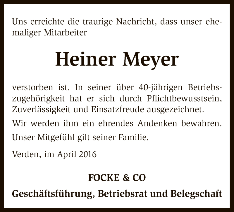  Traueranzeige für Heiner Meyer vom 23.04.2016 aus Kreiszeitung