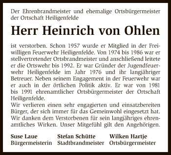 Traueranzeige von Heinrich von Ohlen