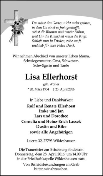 Traueranzeige von Lisa Ellerhorst von SYK