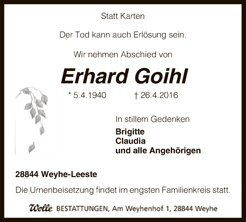  Traueranzeige für Erhard Goihl vom 28.04.2016 aus SYK