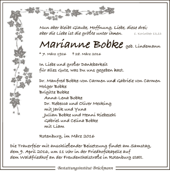 Traueranzeige von Marianne Bobke von SYK
