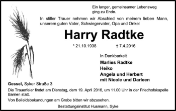 Traueranzeige von Harry Radtke