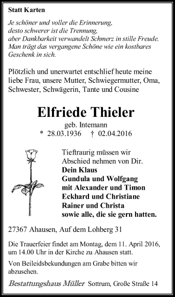 Traueranzeige von Elfriede Thieler von SYK