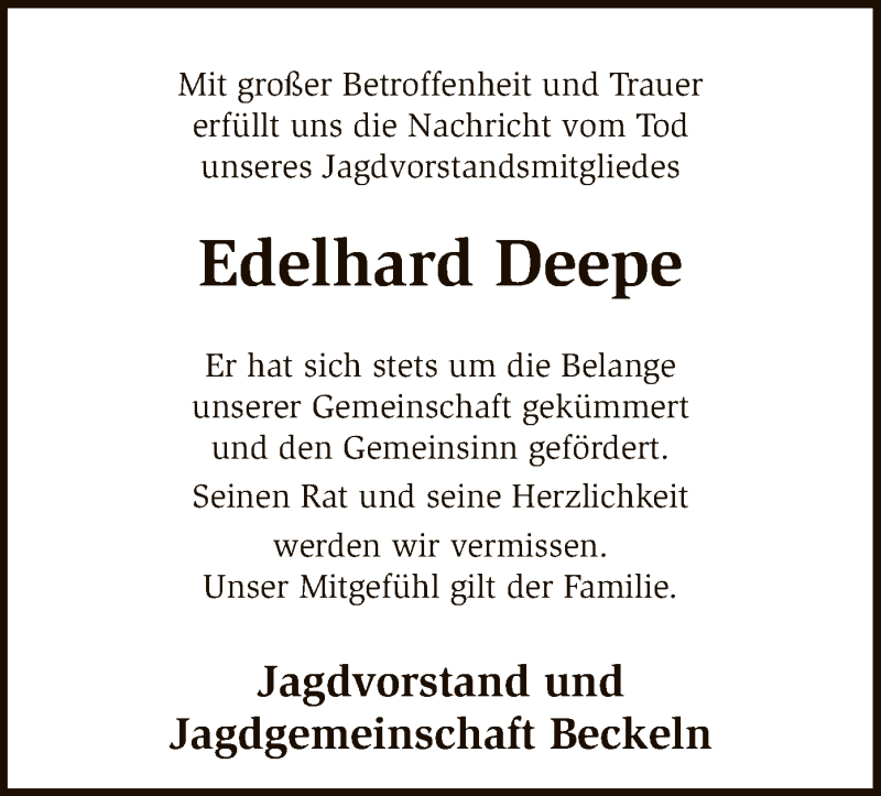  Traueranzeige für Edelhard Deepe vom 21.04.2016 aus SYK