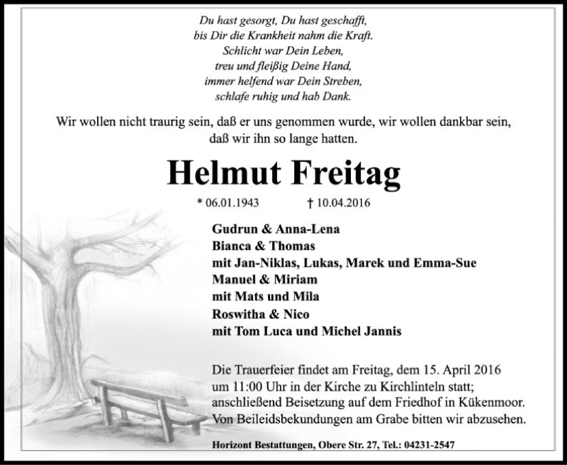  Traueranzeige für Helmut Freitag vom 13.04.2016 aus SYK