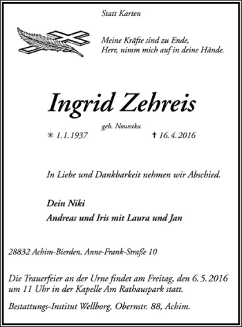 Traueranzeige von Ingrid Zehreis von SYK