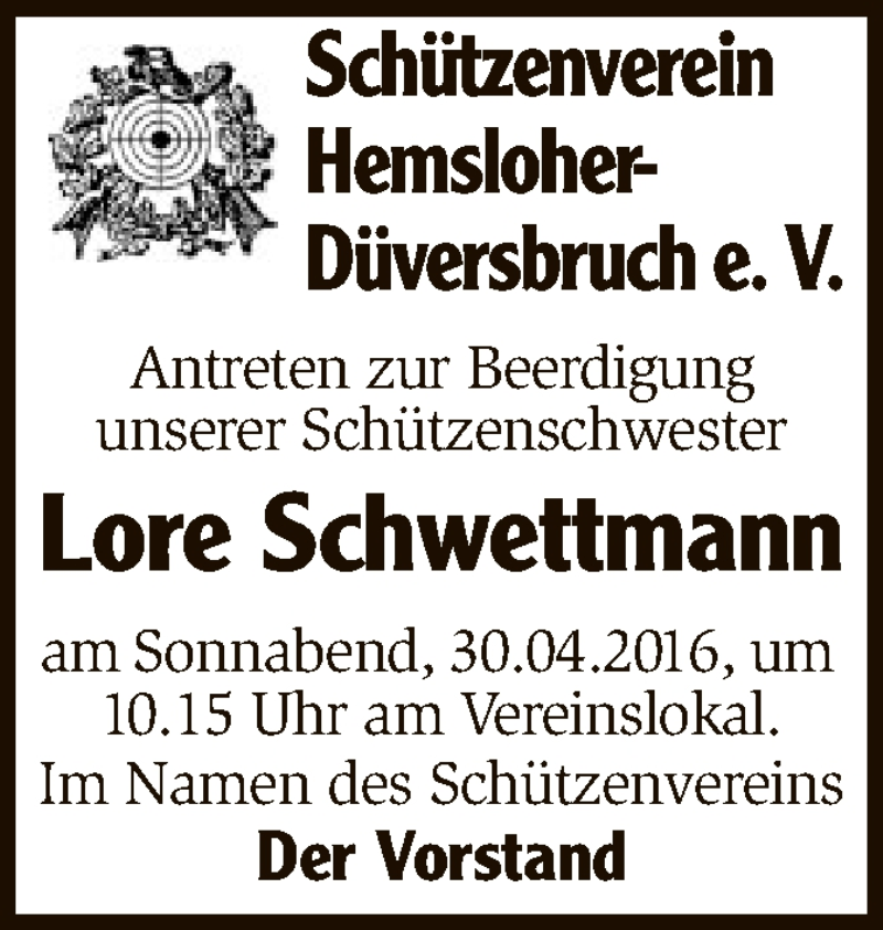  Traueranzeige für Lore Schwettmann vom 28.04.2016 aus SYK
