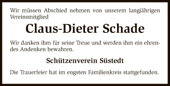 Traueranzeige von Claus-Dieter Schade von SYK