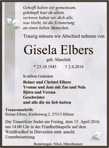 Traueranzeige von Gisela Elbers von SYK