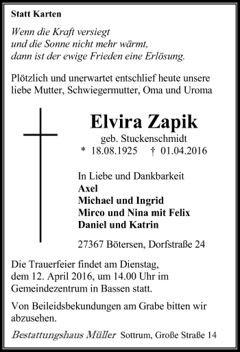 Traueranzeige von Elvira Zapik von SYK