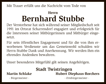 Traueranzeige von Bernhard Stubbe von SYK