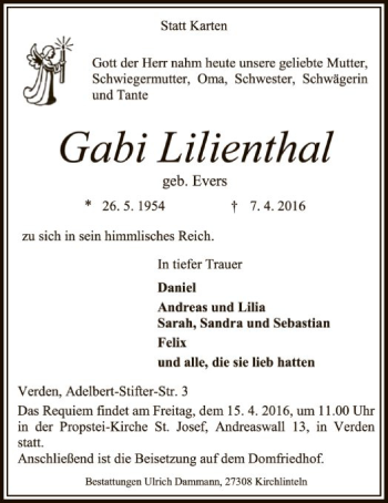 Traueranzeige von Gabi Lilienthal von SYK