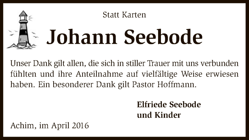  Traueranzeige für Johann Seebode vom 23.04.2016 aus SYK