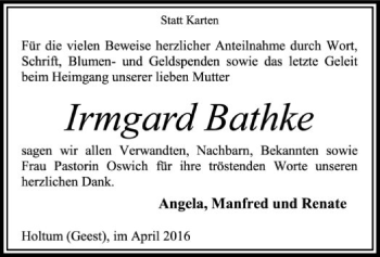 Traueranzeige von Irmgard Bathke von SYK