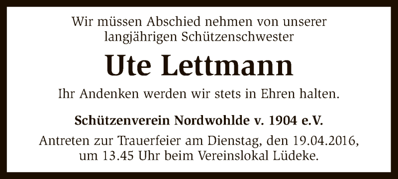  Traueranzeige für Ute Lettmann vom 16.04.2016 aus SYK