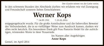 Traueranzeige von Werner Kops von SYK